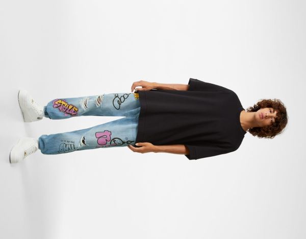 Džínsy Bershka Ripped Printed Jogger Panske Svetlo Modre | AcpEYsNQTMR