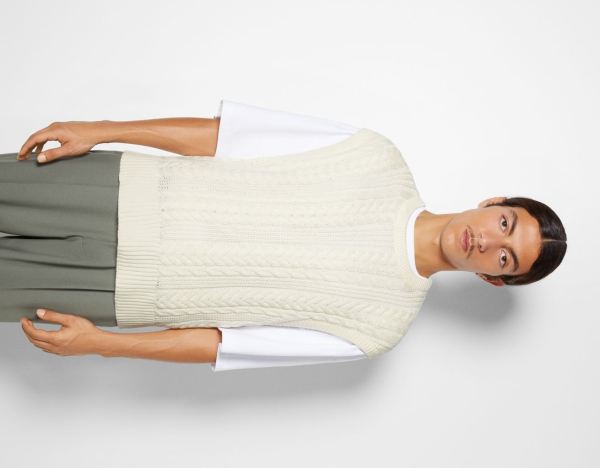 Kardigán Bershka Kratke Cable-knit Vest Panske Krém | mBR5TqAWti4