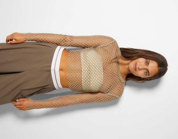 Kardigán Bershka Long Sleeve Mesh Top With Rhinestones Damske Zlate | tMJDHAbsEnL