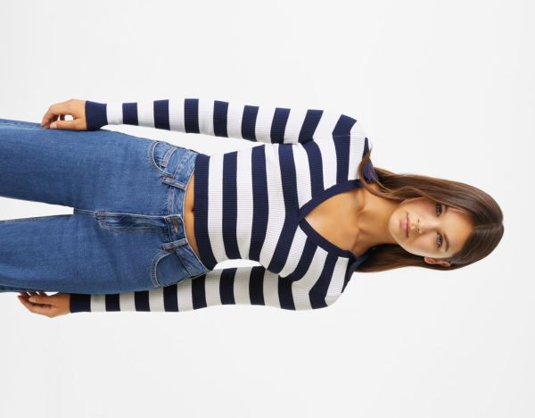 Kardigán Bershka Rebrovaný Knit Top With Stripes And Polo Collar Damske Krém | jhtzHj5gku0