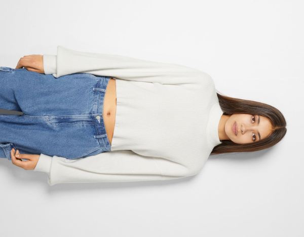 Pleteniny Bershka Cropped Long Sleeve Top With A High Neck Damske Krém | Rts55QFn0hR