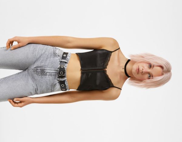 Topy Bershka Satin Finish Crop With Blonde Cipkovane Detail Damske Čierne | vyD1TVj2n8X