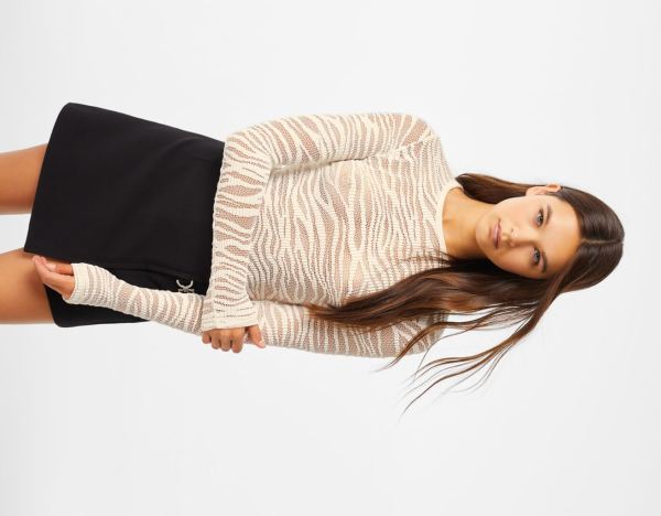 Tricko Bershka Long Sleeve Top In Rustic Zebra Print Fabric Damske Biele | VLgUWlHbivA