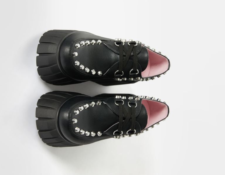 Balerinky Bershka Cipkovane-up Platforme Shoes With Studs Damske Čierne | pWunqPIbgm6