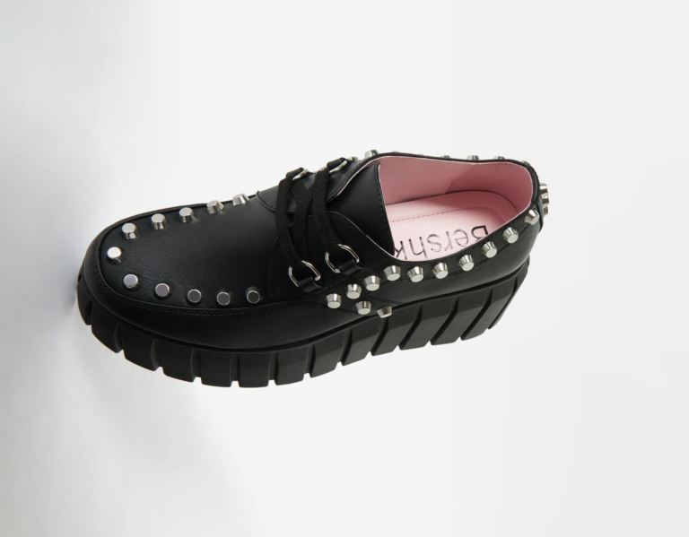 Balerinky Bershka Cipkovane-up Platforme Shoes With Studs Damske Čierne | pWunqPIbgm6