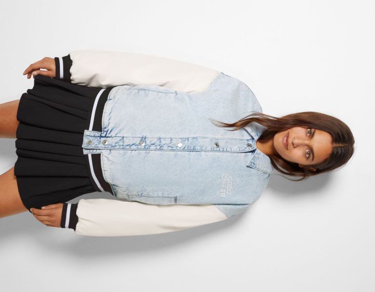 Bundy Bershka College Bomber With Faux Kozene Sleeves Damske Svetlo Modre | T1Z8z1Y5ZyY