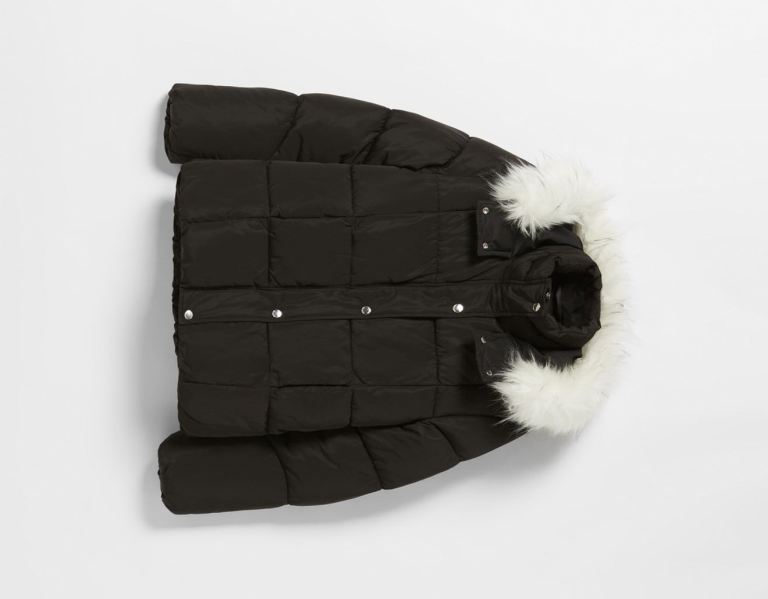 Bundy Bershka Puffer With Faux Fur Hood Damske Čierne | u220jkM1vN4