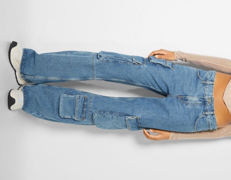 Cargo Bershka Rovno Fit Multipocket Jeans Damske Modre | IjQfXLsioAH