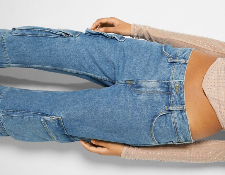 Cargo Bershka Rovno Fit Multipocket Jeans Damske Modre | IjQfXLsioAH