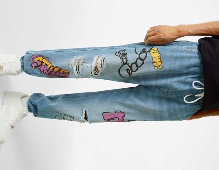 Džínsy Bershka Ripped Printed Jogger Panske Svetlo Modre | AcpEYsNQTMR