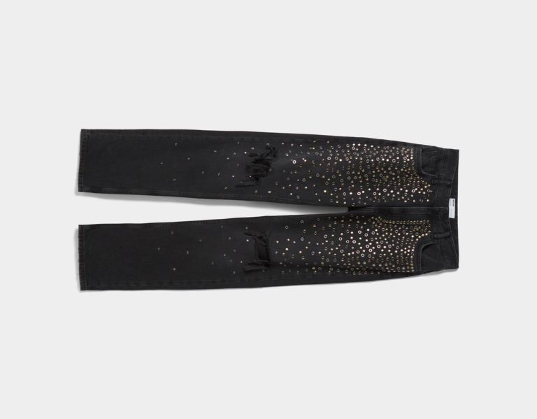 Džínsy Bershka Ripped Rovno-fit Studded Damske Čierne | fmgaRnXodMO