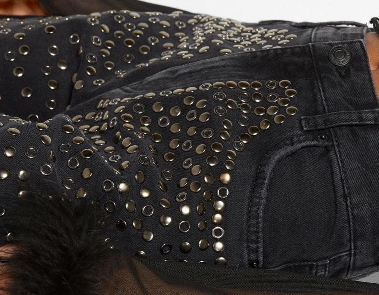 Džínsy Bershka Ripped Rovno-fit Studded Damske Čierne | fmgaRnXodMO