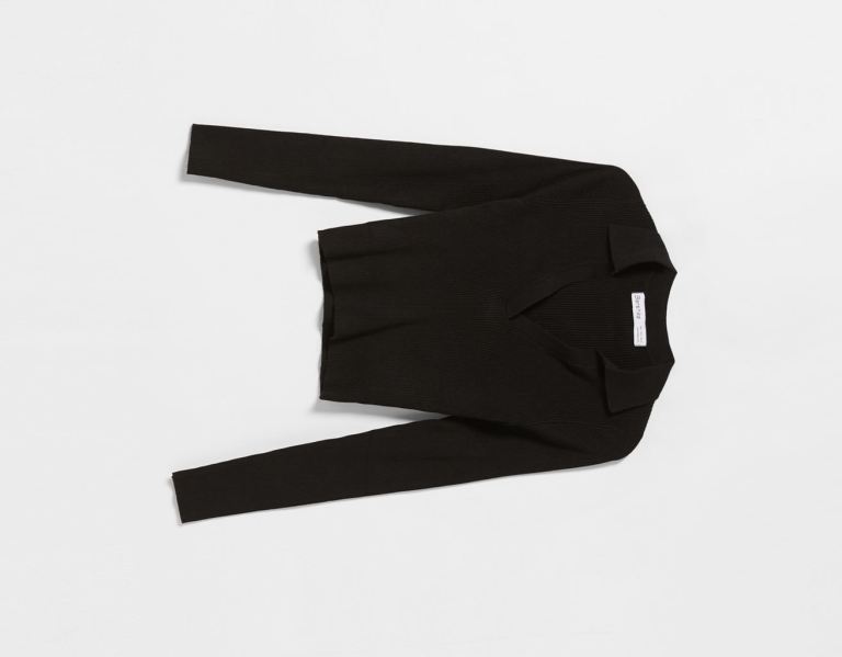 Kardigán Bershka Rebrovaný Jersey Top With Polo Collar Damske Čierne | Q32rWGbH5HT