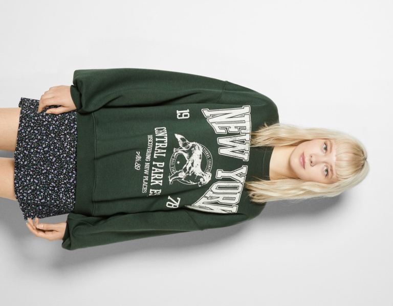 Mikiny Bershka Oversize Printed Damske Zelene | ABojNrw4fjN