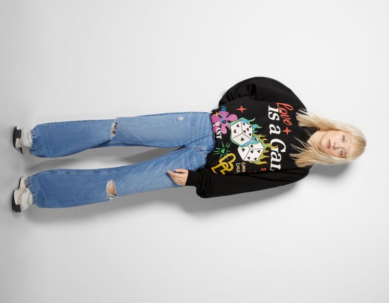 Mikiny S Kapucňou Bershka Grafika Print Damske Čierne | 0EPWJYX1VJa