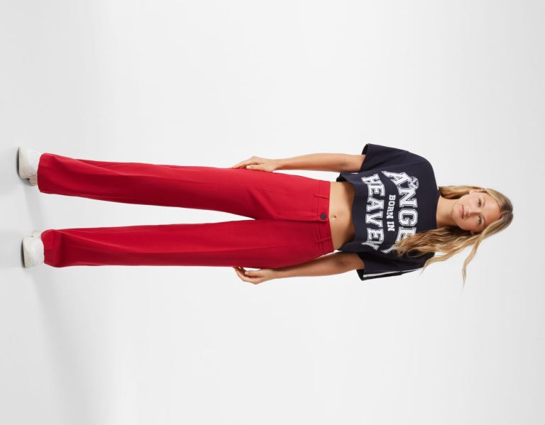 Obleky Bershka Siroke Topanky-leg Pants With Belt Loops Damske Červené | LNdpSxooieo