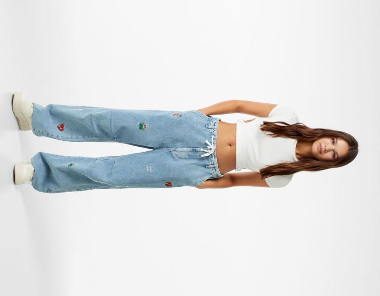 Parachute Bershka Embroidered Jeans Damske Svetlo Modre | GWG2tTSbdOo