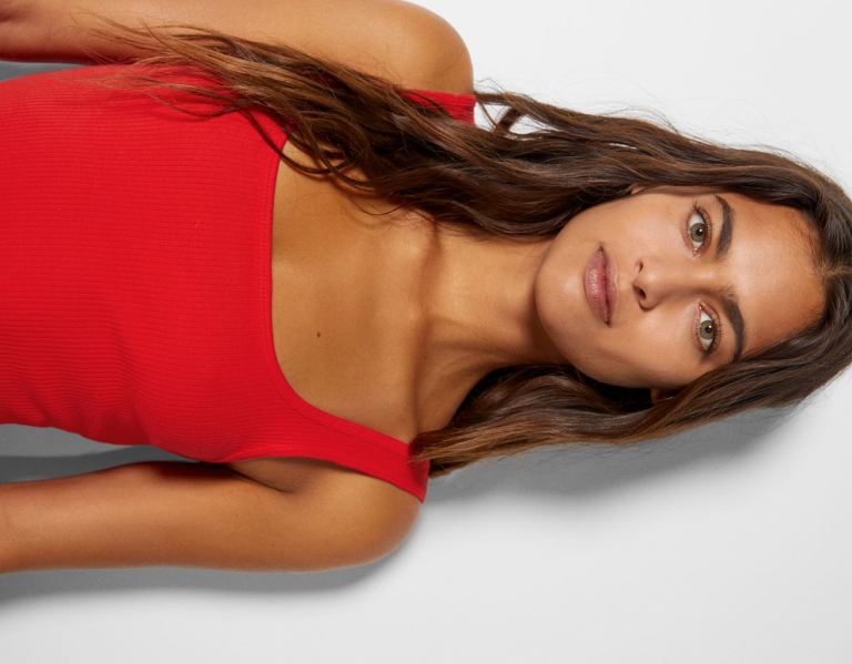 Saty Bershka Remienkové Rebrovaný With Scoop Neckline Damske Červené | 5J871QsSO9V