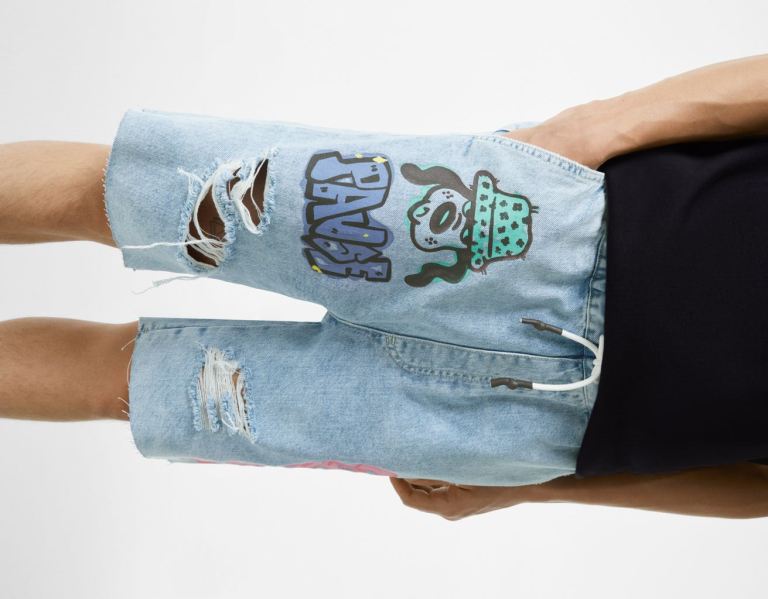 Sortky Bershka Printed Denim Sweatpants-style Bermuda Panske Svetlo Modre | VzdBKmmTKZn