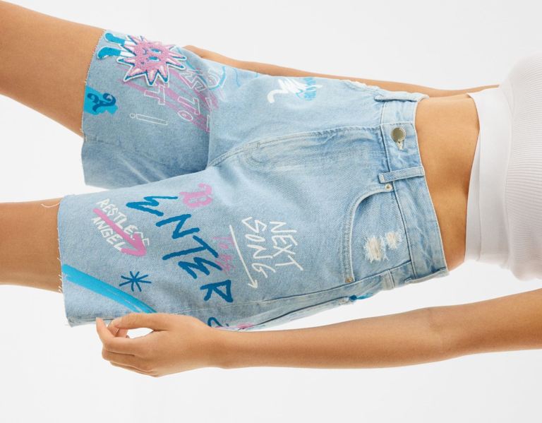 Sortky Bershka Printed Denim With Patch Damske Svetlo Modre | c3YGOyMaYpc