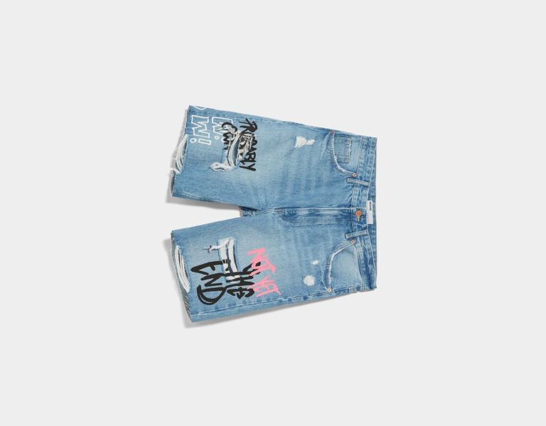 Sortky Bershka Printed Ripped Denim Bermuda Panske Svetlo Modre | OFxhGSHs2Ix