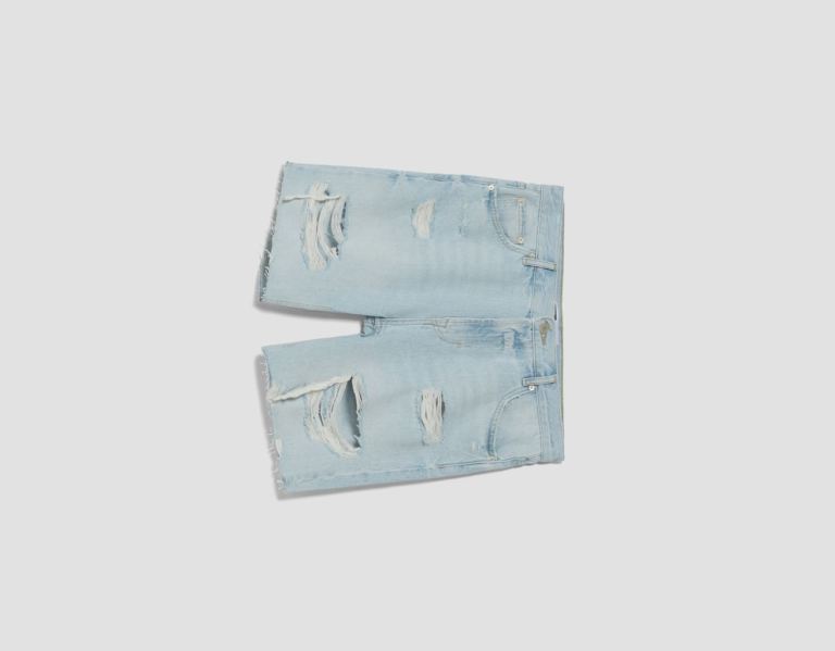 Sortky Bershka Ripped Denim Bermuda Panske Svetlo Modre | ElYszwAcUzA