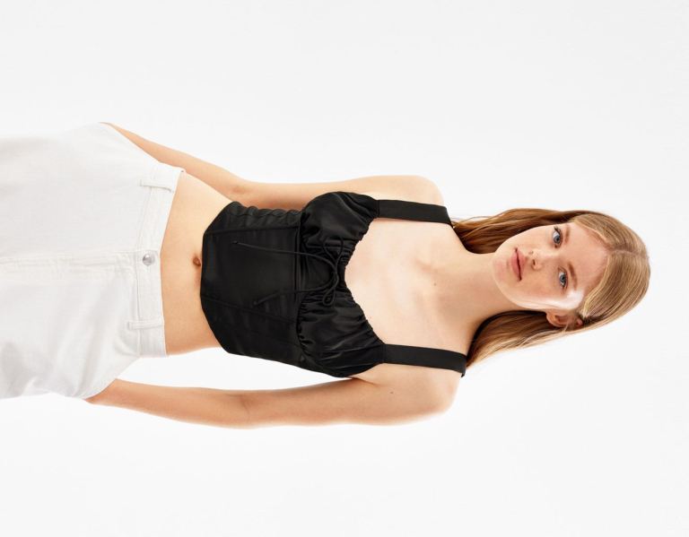 Topy Bershka Satin Corset With Siroke Topanky Straps And Tie Damske Čierne | mcQhVCg9fjK