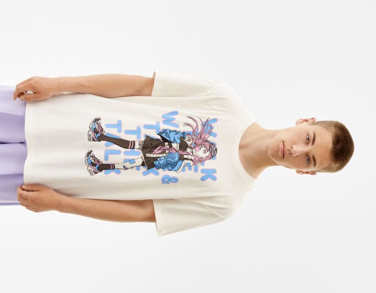 Tricko Bershka Kratke Sleeve With Anime Print Panske Biele | yiqmzKu1qVV