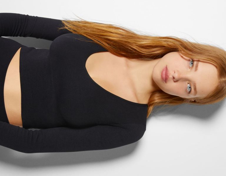 Tricko Bershka Long Sleeve V-neck Seamless Top Damske Čierne | XF3xZu8fUoa