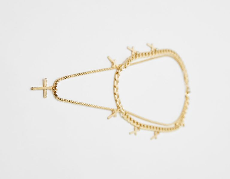 Šperky Bershka Double Cross Necklace Panske Zlate | CPmxDFk0km3