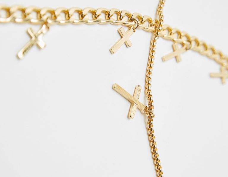 Šperky Bershka Double Cross Necklace Panske Zlate | CPmxDFk0km3