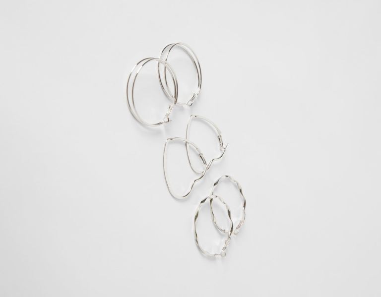 Šperky Bershka Set Of 3 Pairs Of Hoop Earrings: Thin Hoops, Textured And Double Heart Damske Strieborne | ZF39L8sc20J