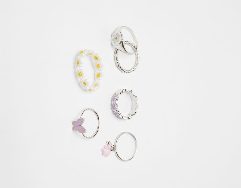 Šperky Bershka Set Of 6 Flower Rings Damske Strieborne | GbW1M1l96OR