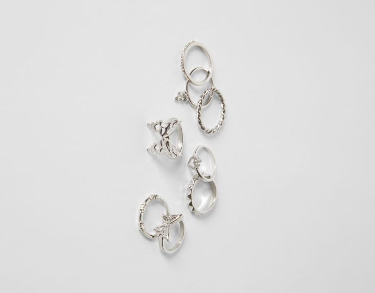 Šperky Bershka Set Of 8 Butterfly Rings Damske Strieborne | 5LryweEPXBt